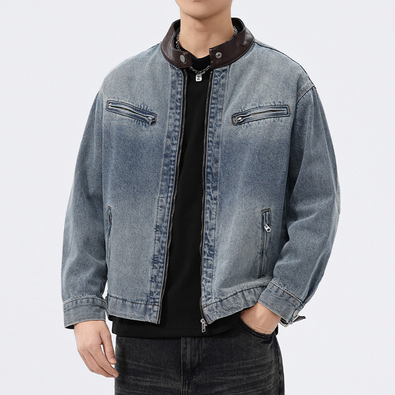 Denim Jacket Vintage - Мужская джинсовая куртка с кожаным воротником,